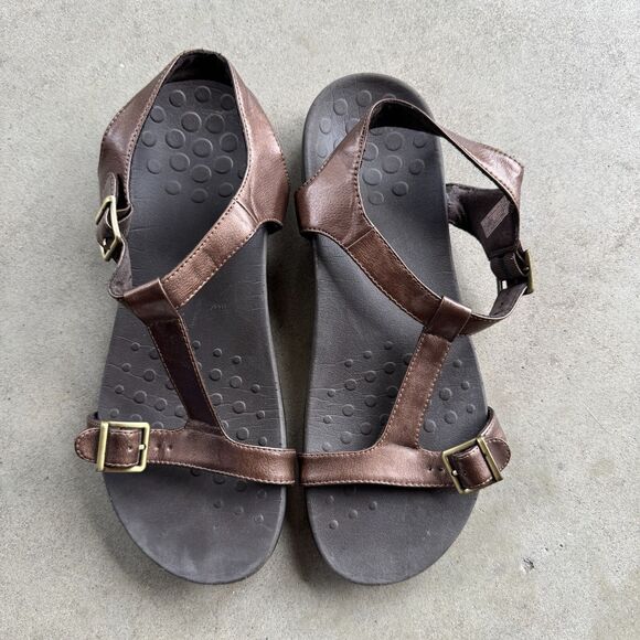 Vionic‎ Adriane T-Strap Sandals Women's 10 Bronze Faux Leather Orthaheel Comfort - Picture 1 of 9